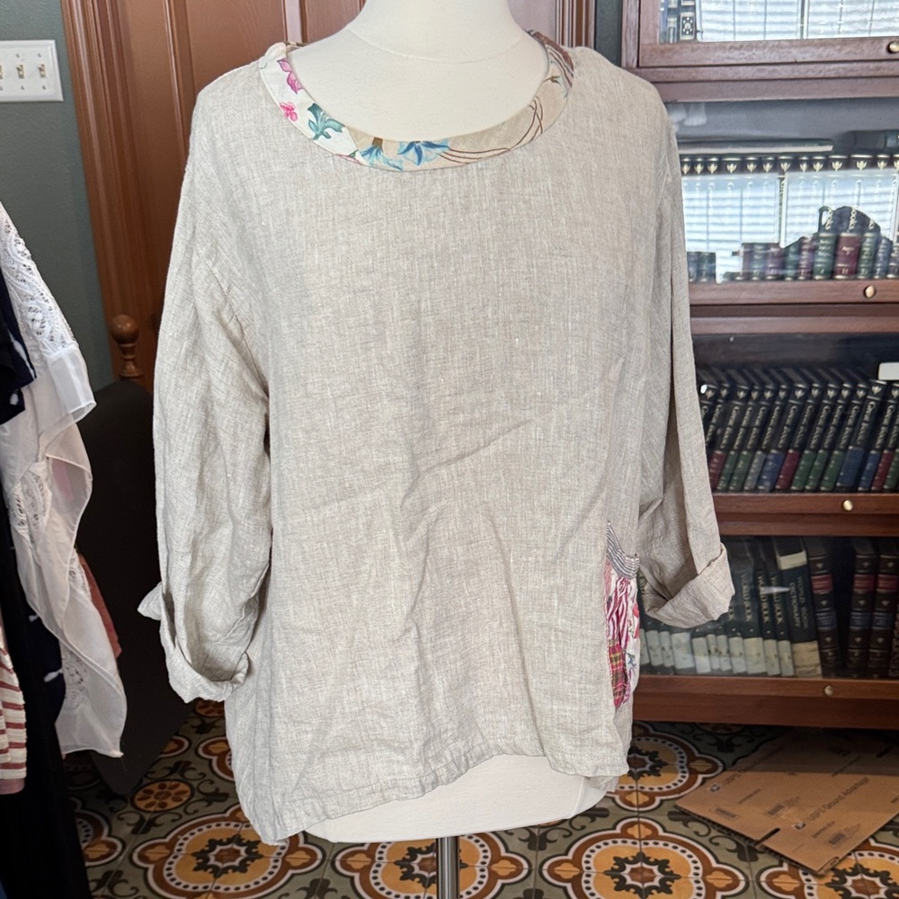 Boho Patchwork Linen Tunic Top - Neutral - image 2